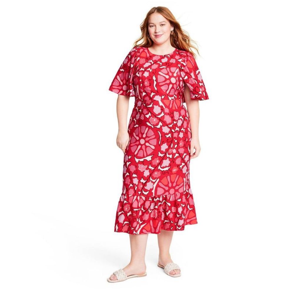 Women's Large Zinnia Floral Print Bell Sleeve Midi Dress - RHODE Red/Pink 22